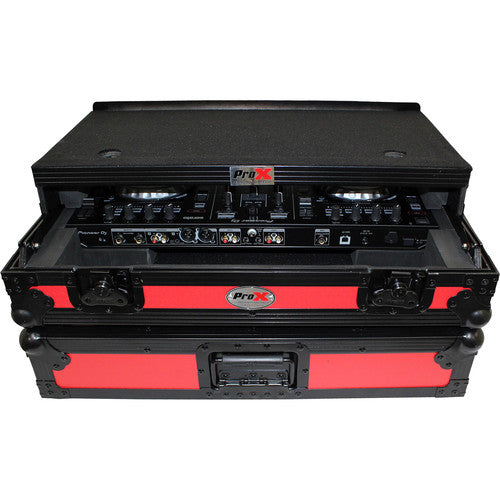 ProX XS-DDJSR2LTRB Flight Case LED pour contrôleur Pioneer DDJ-SR2 avec étagère pour ordinateur portable et kit LED (rouge sur noir)