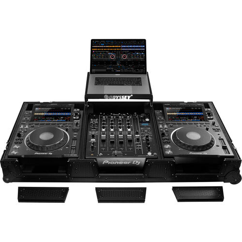 Odyssey 810141 Industrial Board Glide-Style Universal Case for 12" DJ Mixer and Two Pioneer CDJ-3000 (Black on Black)