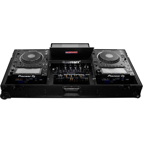 Odyssey 810141 Industrial Board Glide-Style Universal Case for 12" DJ Mixer and Two Pioneer CDJ-3000 (Black on Black)