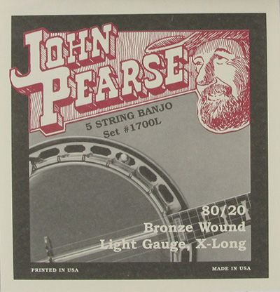 John Pearse JP1700L Cordes de banjo 5 cordes enroulées en bronze 80/20 - Calibre léger X-Long