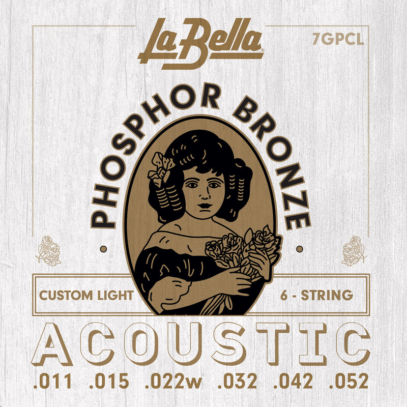 Cordes de guitare acoustique La Bella 7GPCL en bronze phosphoreux - Custom Light 11-52