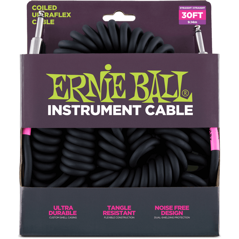 Ernie Ball 6044EB Coiled Straight/Straight Instrument Cable (Black) - 30'
