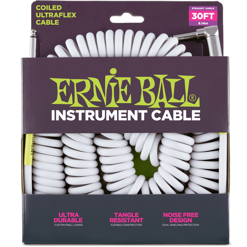 Ernie Ball 6045EB Coiled Straight/Angle Instrument Cable (White) - 30'