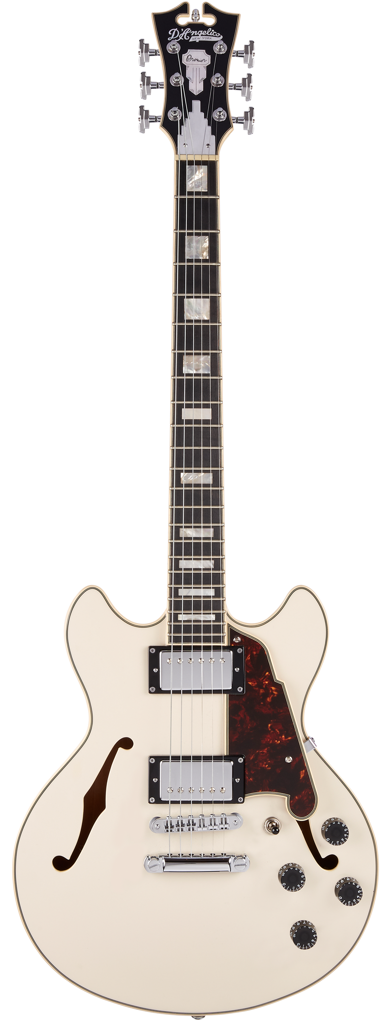 D'Angelico DAPMINIDCCMPCSCB Semi Hollow-Body Mini Electric Guitar (Champagne)