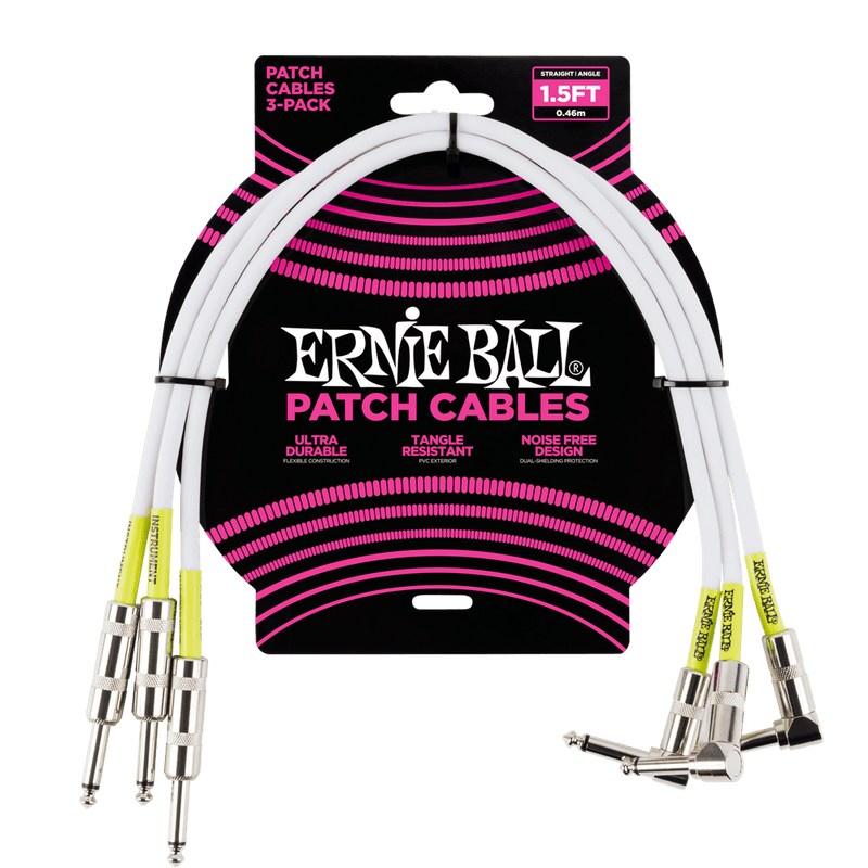 Ernie Ball 6056EB 1.5' Straight/Angle Patch Cable, 3 Pack, White