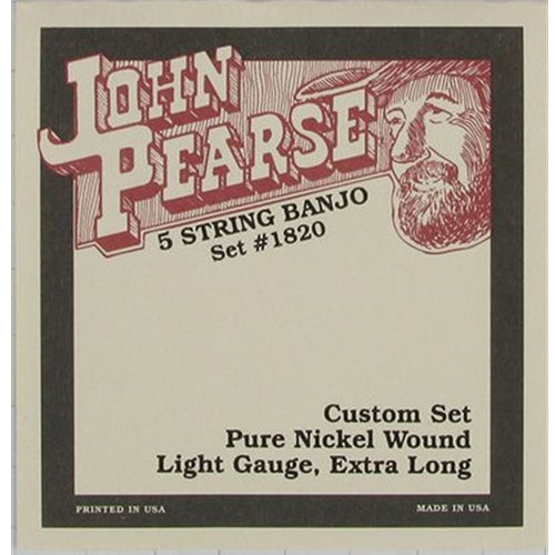 John Pearse JP1820 Pure Nickel Wound 5-String Banjo Strings - Light Gauge Extra Long