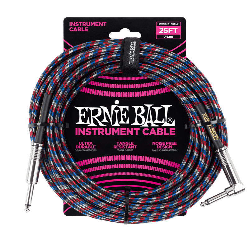 Câble tressé droit/angle Ernie Ball 6063EB (rouge/blanc/bleu) - 25'