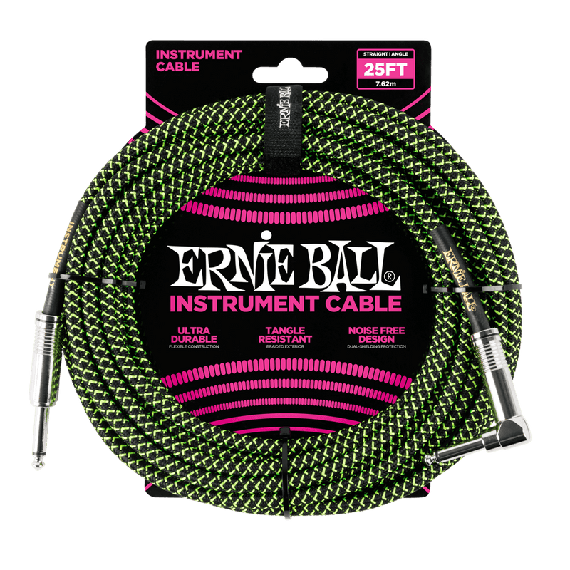 Ernie Ball 6066EB Straight/Angle Braided Cable (Green/Black) - 25'