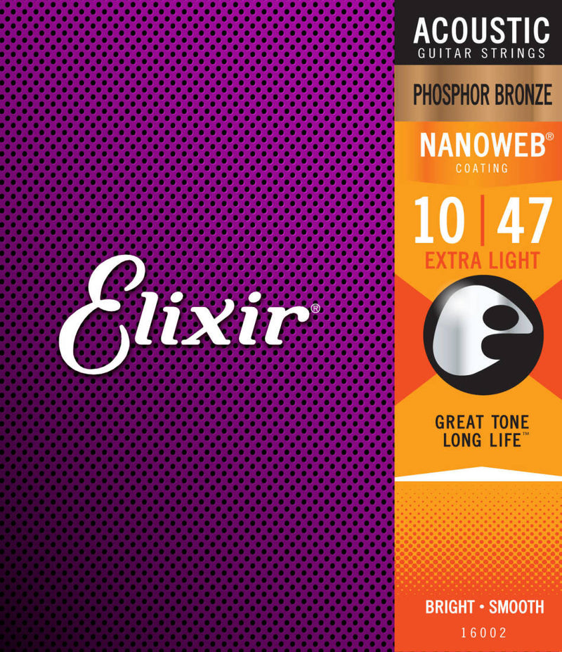 Elixir 16002 NANOWEB Phosphor Bronze 10-47 Cordes acoustiques extra légères