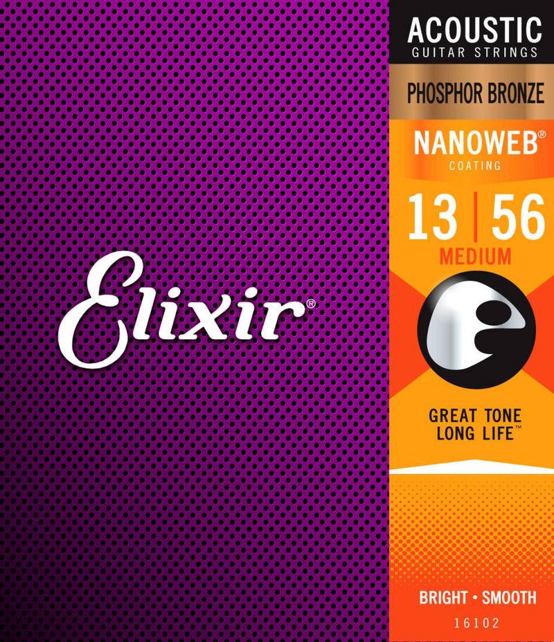 Elixir 16102 NANOWEB Phosphor Bronze 13-56 Cordes acoustiques moyennes