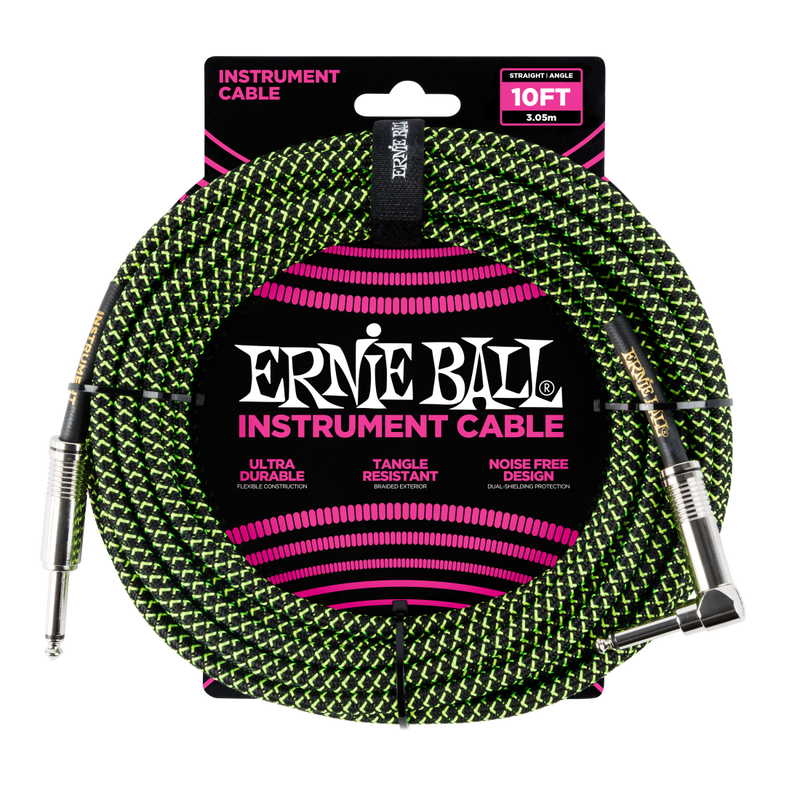 Ernie Ball 6077EB Straight/Angle Braided Cable (Black/Green)  - 10'