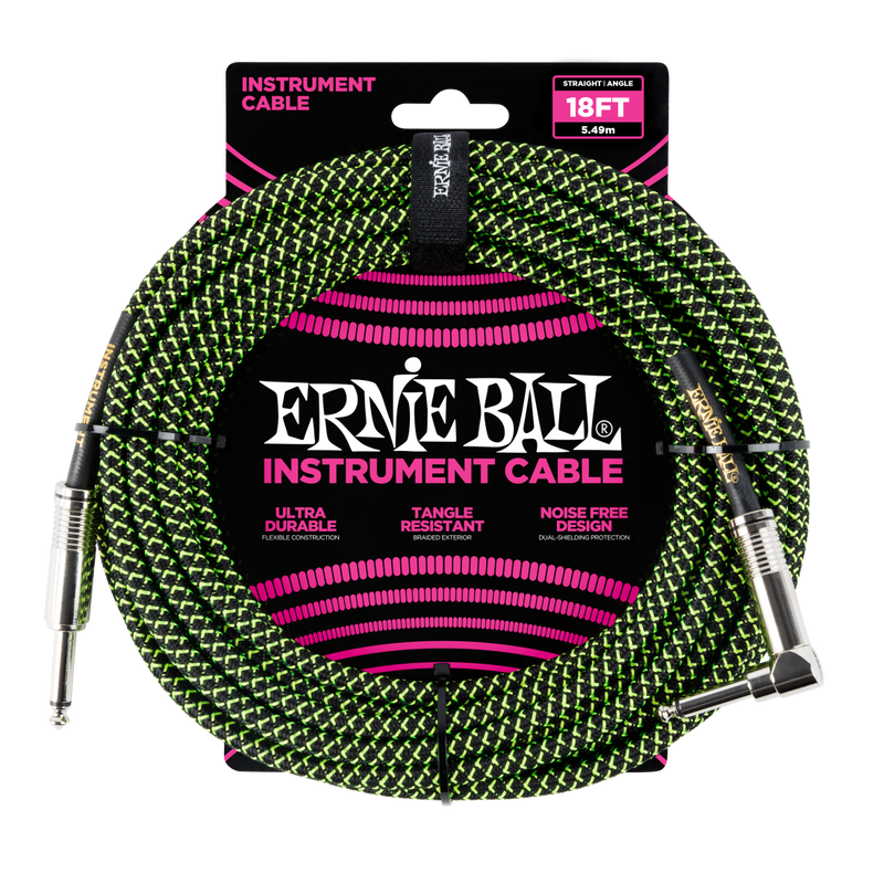 Ernie Ball 6082EB Straight/Angle Braided Cable (Black/Green) - 18'