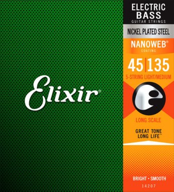 Elixir 14207 Nanoweb Coated Nickel Plated Steel Light/Medium Electric Bass 5 Strings - .045-.135