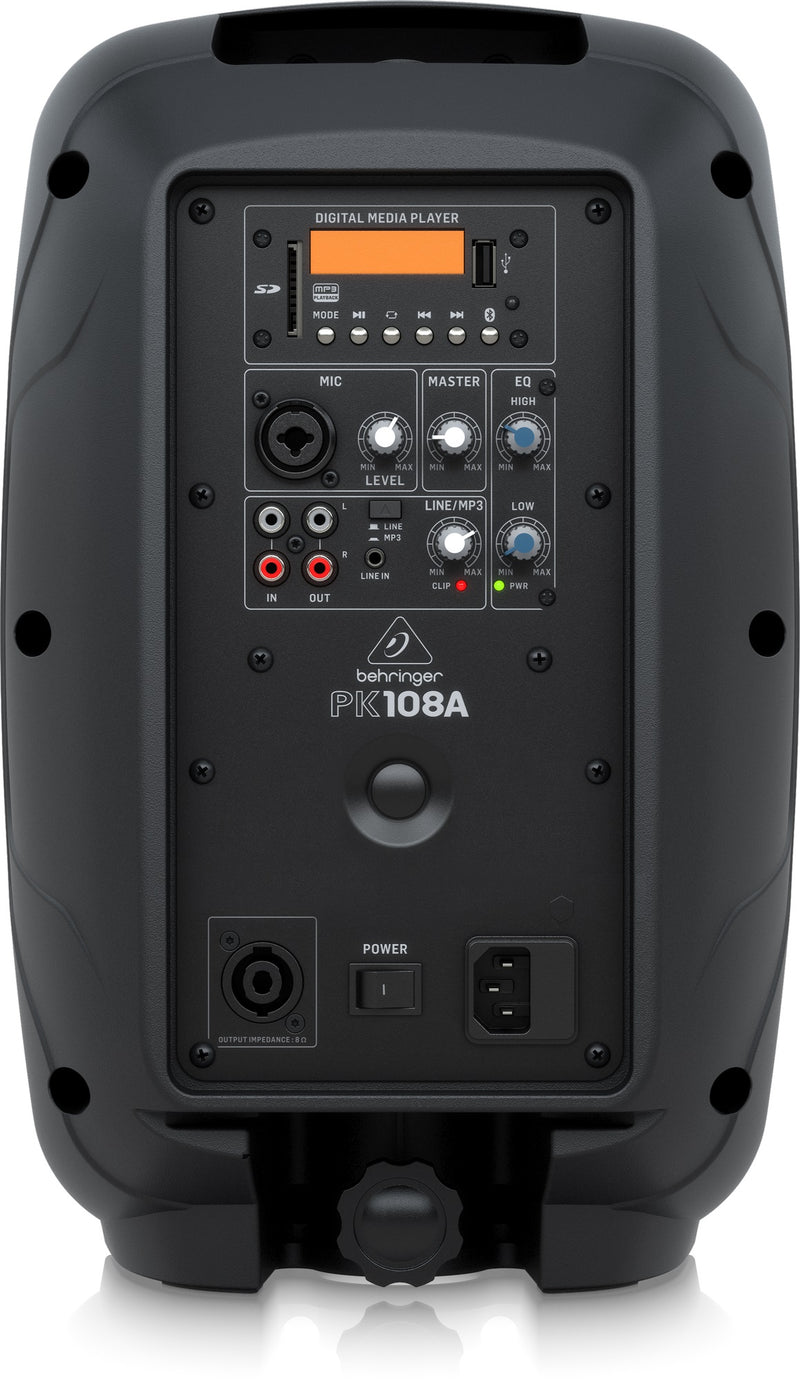 BEHRINGER PK108A Haut-parleur de sonorisation actif de 250 watts avec lecteur multimédia intégré, récepteur Bluetooth et mélangeur intégré - 8"