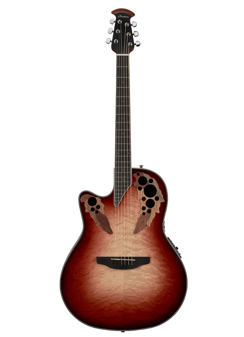 Ovation CE44LX-1R Celebrity Elite Exotic® - Mid Depth Lyrachord Body Acoustic-Electric Guitar - Ruby Red/Natural Burst On Exotic Quilted Maple