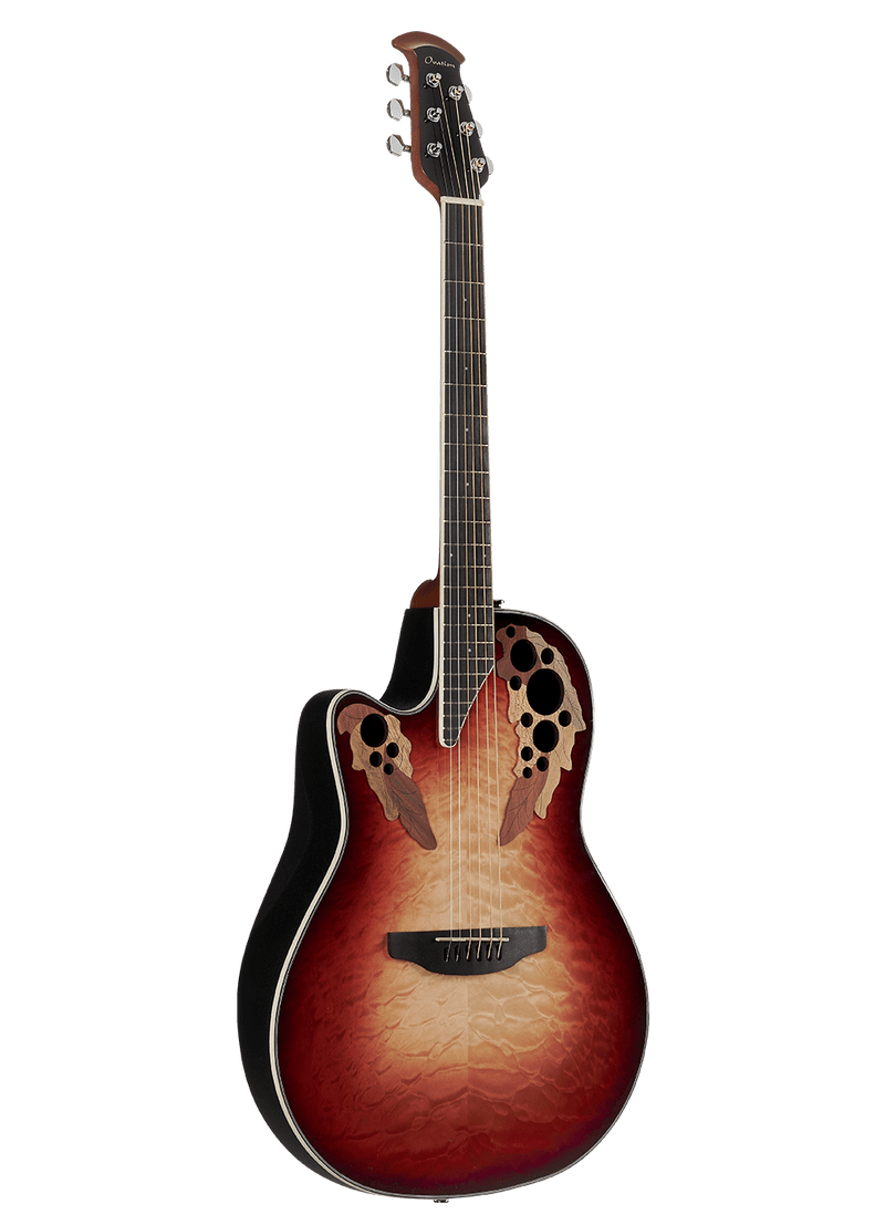 Ovation CE44LX-1R Celebrity Elite Exotic® - Mid Depth Lyrachord Body Acoustic-Electric Guitar - Ruby Red/Natural Burst On Exotic Quilted Maple