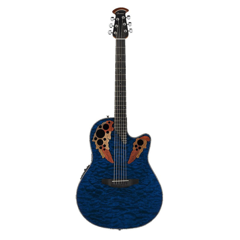Ovation CE44P-8TQ Celebrity Elite® Exotic Mid Depth Acoustic-Electric Guitar - Caribbean Blue On Exotic Quilted Maple