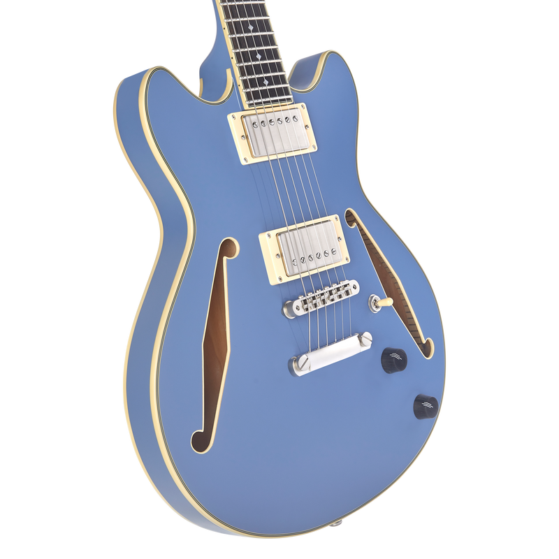 D'Angelico DAEMDCTSLBSNS Guitare électrique semi-creuse (bleu ardoise)