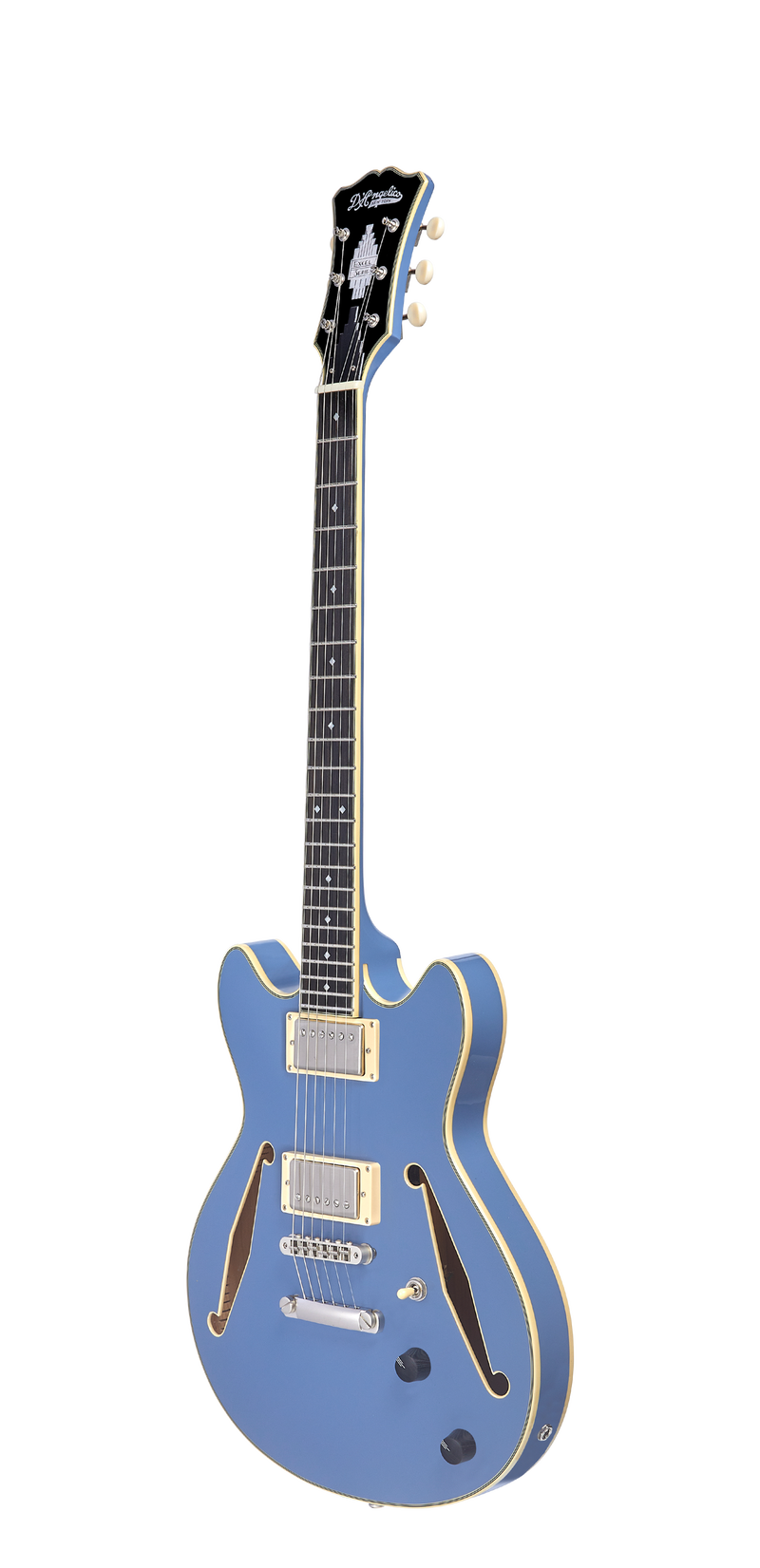 D'Angelico DAEMDCTSLBSNS Guitare électrique semi-creuse (bleu ardoise)