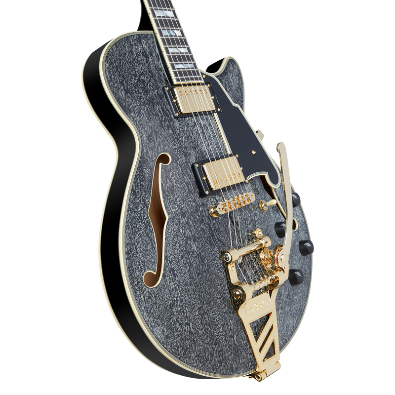 D'Angelico DAESSBDGTR Guitare électrique semi-creuse avec bouclier trémolo (chien noir)