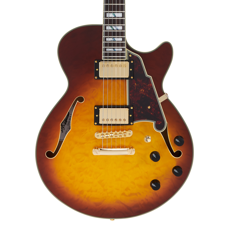 D'Angelico EXCEL SS XT Guitare électrique semi-creuse – Iced Tea Burst Quilt avec barre d'arrêt