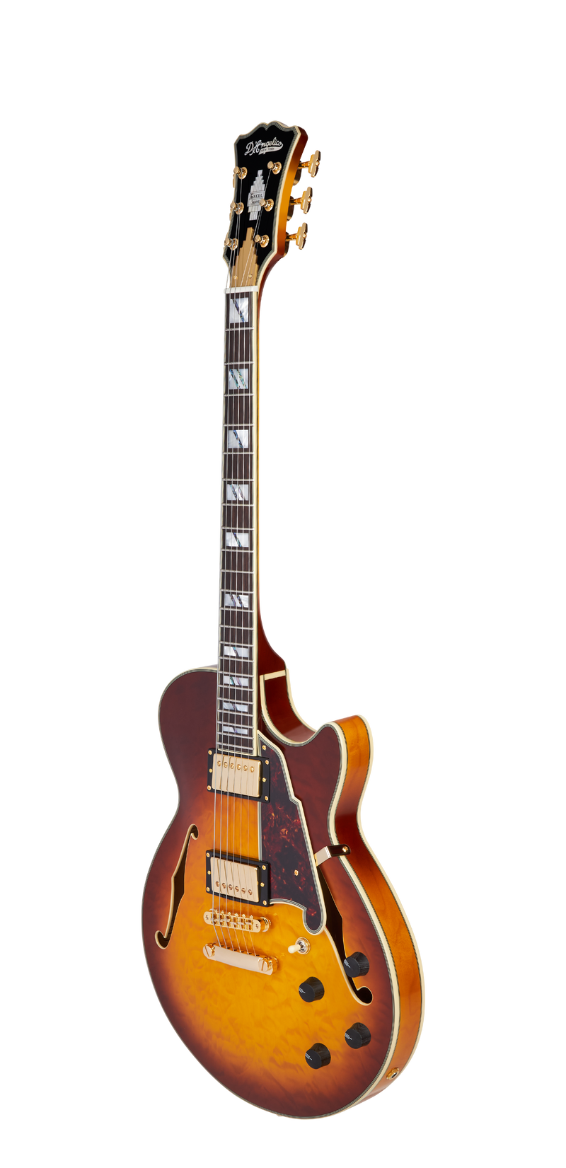 D'Angelico EXCEL SS XT Guitare électrique semi-creuse – Iced Tea Burst Quilt avec barre d'arrêt