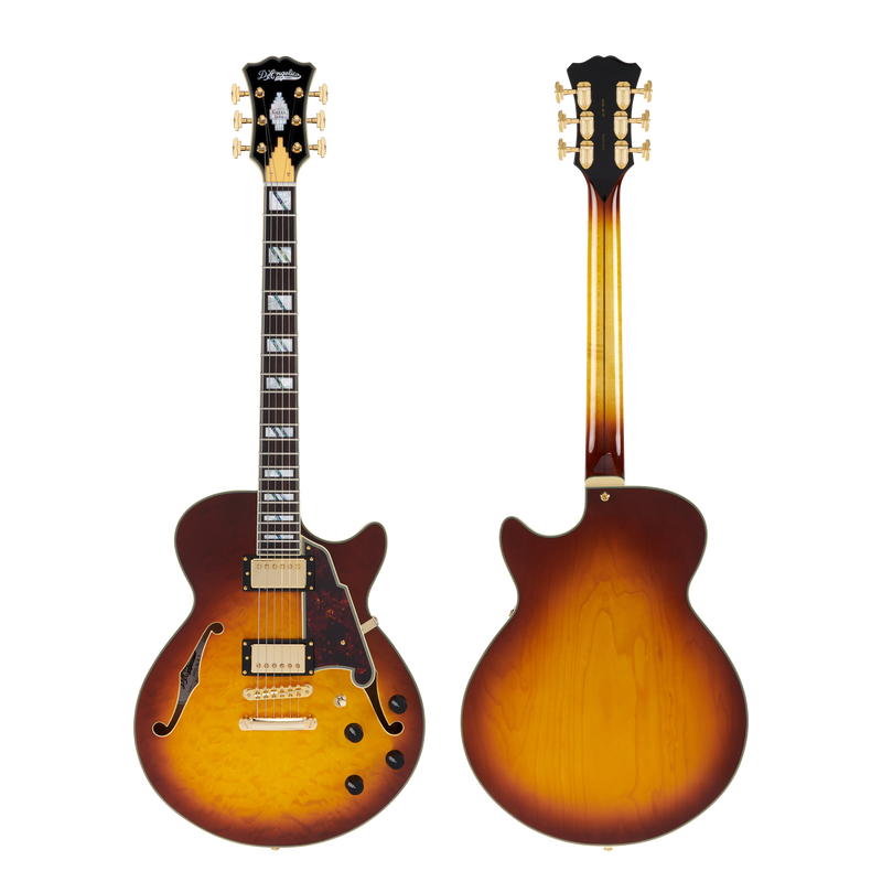 D'Angelico EXCEL SS XT Guitare électrique semi-creuse – Iced Tea Burst Quilt avec barre d'arrêt