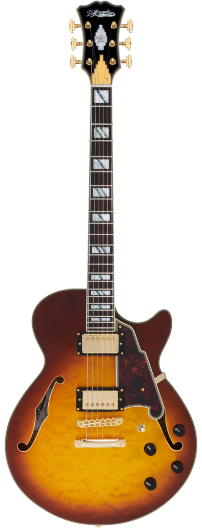 D'Angelico EXCEL SS XT Guitare électrique semi-creuse – Iced Tea Burst Quilt avec barre d'arrêt