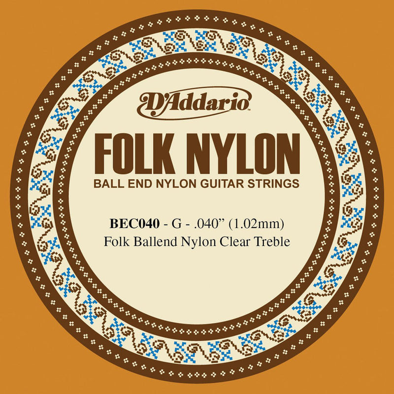 D'Addario BEC040 Classical/Folk G Guitar String - Ball End Clear Nylon 0.40
