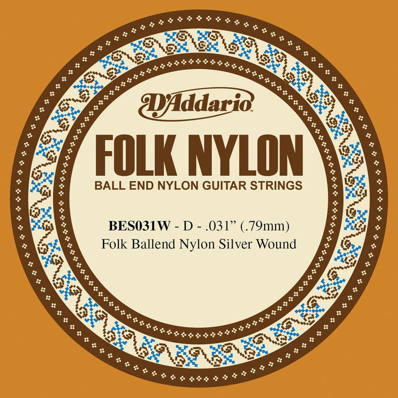 D'Addario BES031W Classical/Folk D Guitar String - Ball End Nylon Silver Wound 0.31