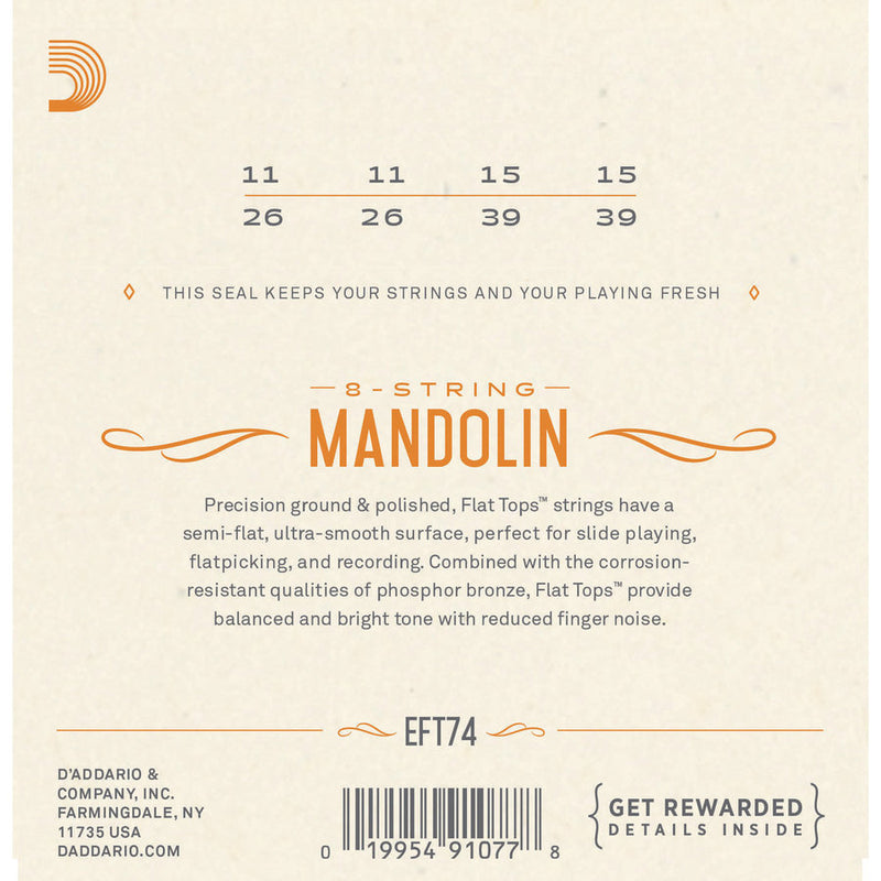 D'Addario EFT74 CORDES DE MANDOLINE PLATS PLATE - Phosphore Bronze Medium 11-39