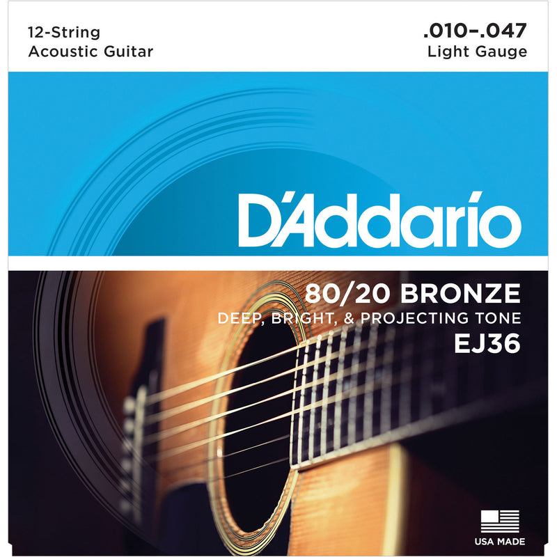 D'Addario EJ36 80/20 BRONZE 12 cordes de guitare acoustique - Lumière régulière 10-47
