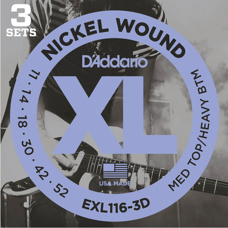 D'Addario Exl116-3d 3 pack xl Nickel Wound Guitar Guitar Top Medium / Heavy Bottom 11-52