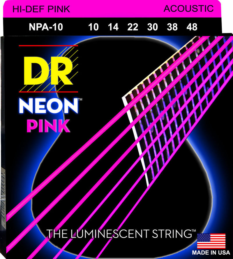 DR Strings NPA-10 NEON Cordes acoustiques avec revêtement rose haute définition – Extra légères (10-48)