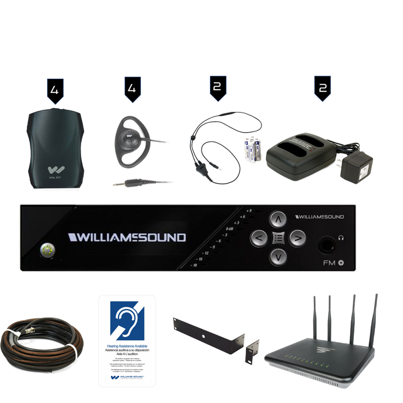 Williams AV FM 557 PRO D WAP Large-Area Dual FM/Wi-Fi Assistive Listening System With 4 FM R37 Receivers (DANTE)