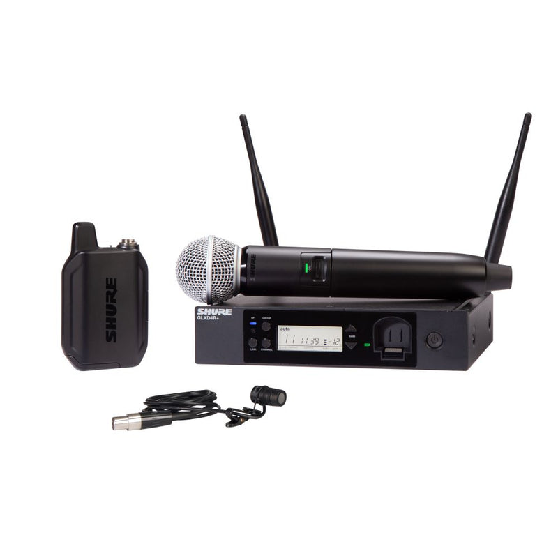 Shure GLXD124R+ Système sans fil double bande avec récepteur de table GLXD4+ Émetteur portatif SM58® Émetteur de poche GLXD1+ et microphone cravate WL185
