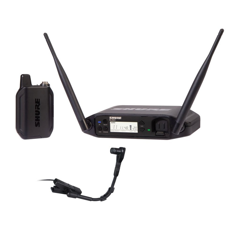 Shure GLXD14+ Dual Band Wireless System with GLXD4+ Tabletop Receiver  GLXD1+ Bodypack Transmitter and WB98H/C Gooseneck Instrument Microphone