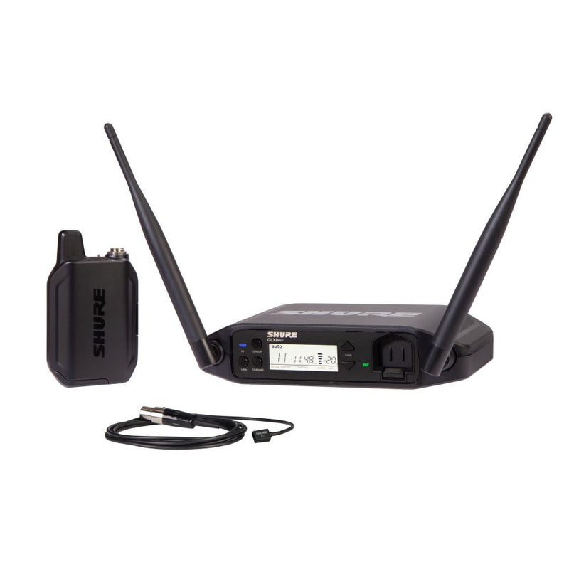 Shure GLXD14+ Dual Band Wireless System with GLXD4+ Tabletop Receiver  GLXD1+ Bodypack Transmitter and WL93 Lavalier Microphone
