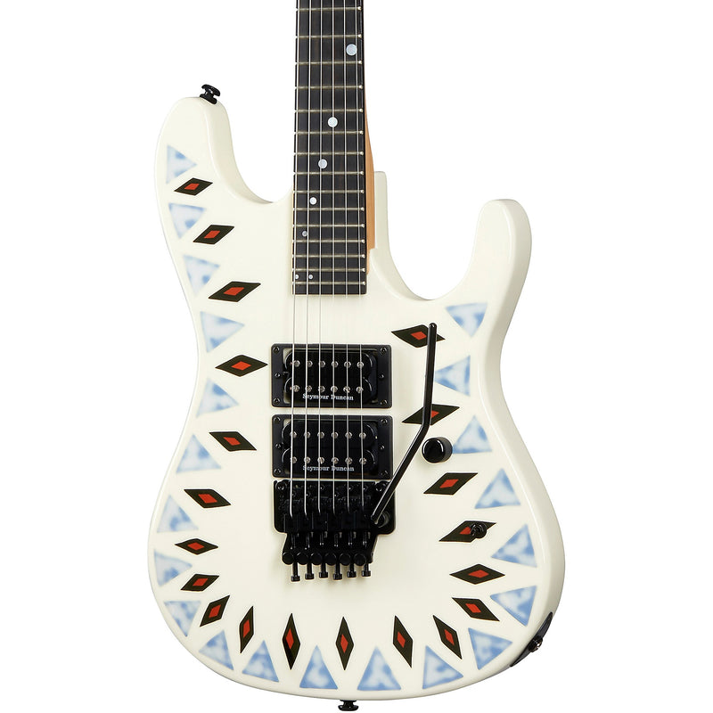 Kramer KNSAZMBF Nightswan Guitare électrique avec Seymour Duncan Humbuckers – Blanc vintage avec graphique aztèque