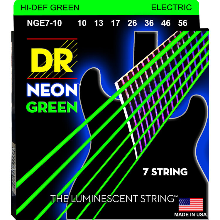 DR Handmade Strings NGE7-10 Cordes de guitare électrique à 7 cordes avec revêtement vert fluo – Medium (10-56)