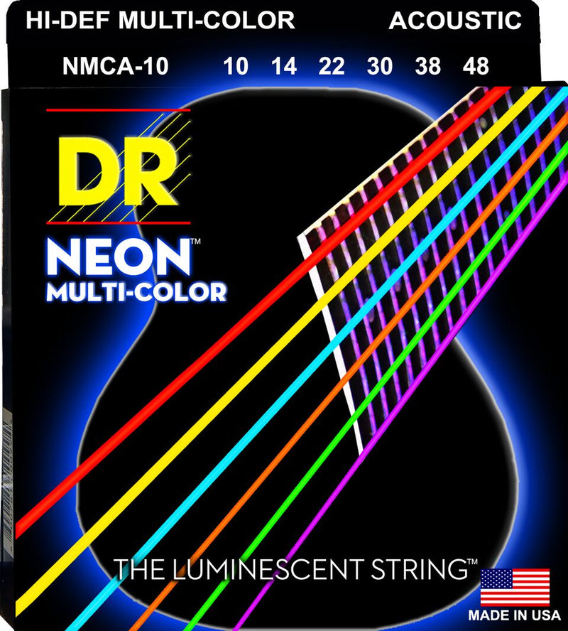 DR Handmade Strings NMCA-10 Corde de guitare acoustique à revêtement multicolore néon – Extra légère (10-48)