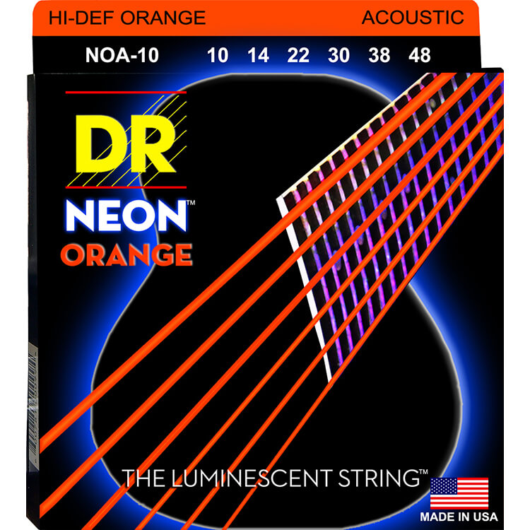 DR Handmade Strings NOA-10 Jeu de cordes pour guitare acoustique en bronze phosphoreux avec revêtement orange fluo – Extra léger (10-48)