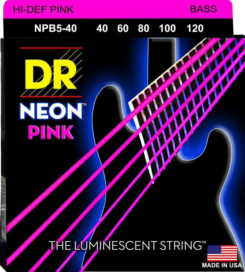 DR Handmade Strings NPB5-40 Cordes de basse à 5 cordes avec revêtement rose fluo – Légères (40-120)