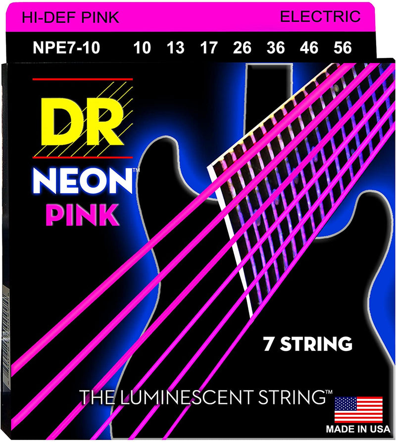 DR Handmade Strings NPE7-10 Cordes de guitare électrique à 7 cordes plaquées nickel avec revêtement K3 rose fluo – Medium (10-56)