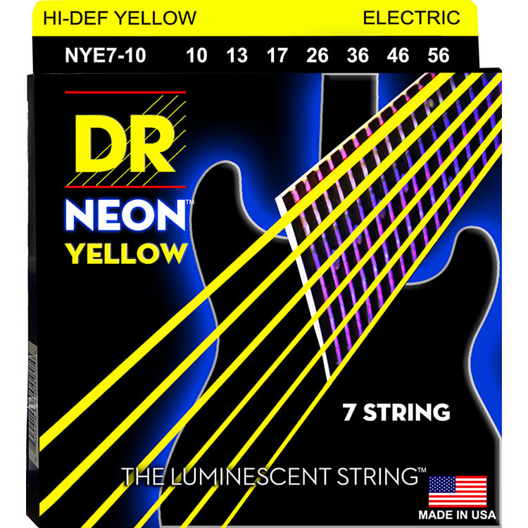 DR Handmade Strings NYE7-10 Cordes de guitare électrique à 7 cordes avec revêtement jaune fluo – Medium (10-56)