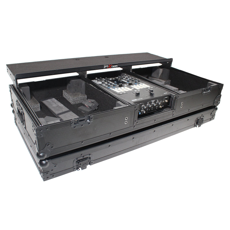 ProX XS-TMC1012WLTFBTLBL Flight Coffin Case For 12" Rane 72 Mixer and 2 Turntables in Battle Mode w/Laptop Shelf and Wheels (Black on Black)