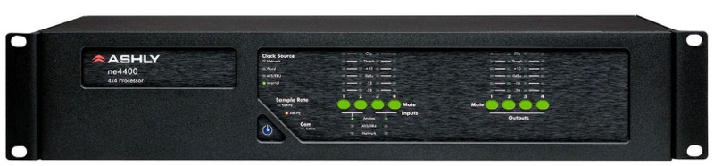 Processeur de système audio Ashly NE4400MST 4x4 Protea DSP avec entrées micro 4 canaux/sorties AES3 4 canaux et carte Dante