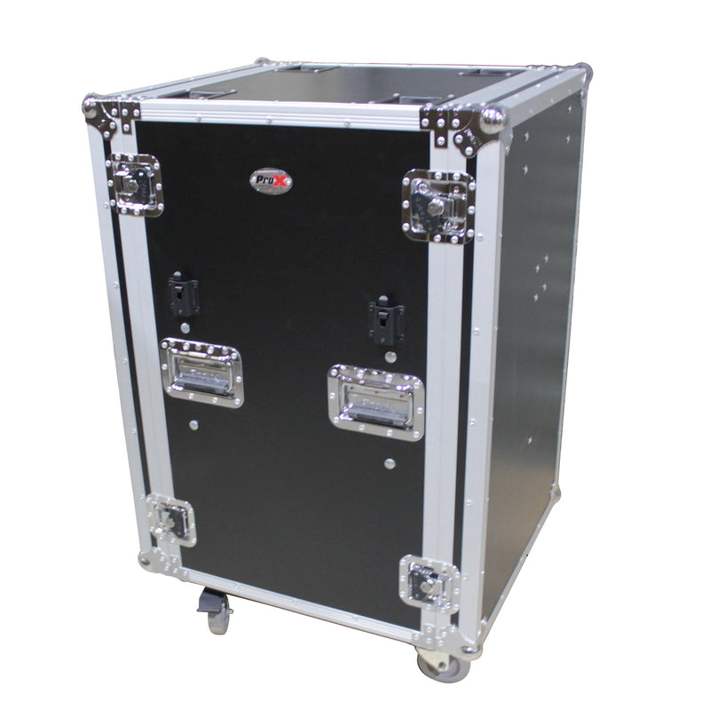 ProX T-16RSP24DST Boîtier d'ampli/rack vertical antichoc 16U avec deux tables latérales et 4 roulettes