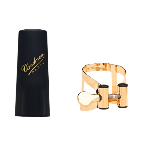 Vandoren LC57GP M/O Ligature and Plastic Cap for Alto Saxophone; Gold Plated - Red One Music