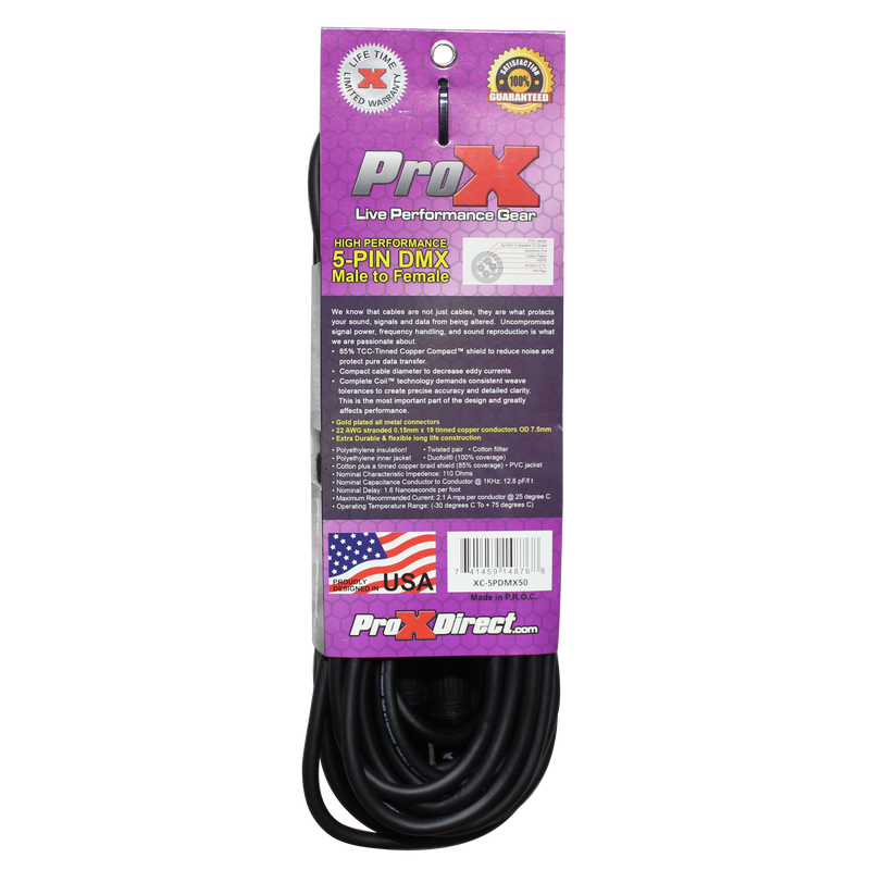 ProX XC-5PDMX50 50 Ft. DMX XLR5-M to XLR5-F High Performance Cable